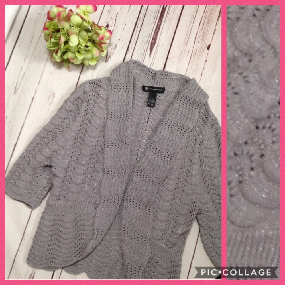 INC Gorgeous Gray Silver Weave Scalloped Cropped Knit Cardigan Sweater.  NWT M